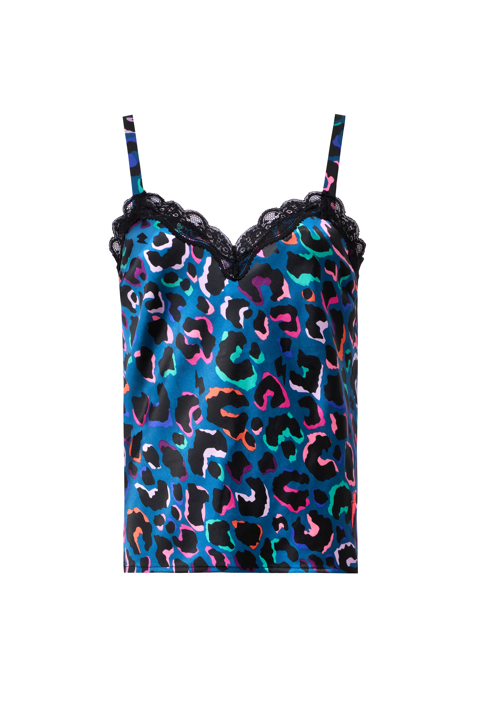 Teal with Rainbow Shadow Leopard Lace Trim Satin Cami Top Scamp Dude