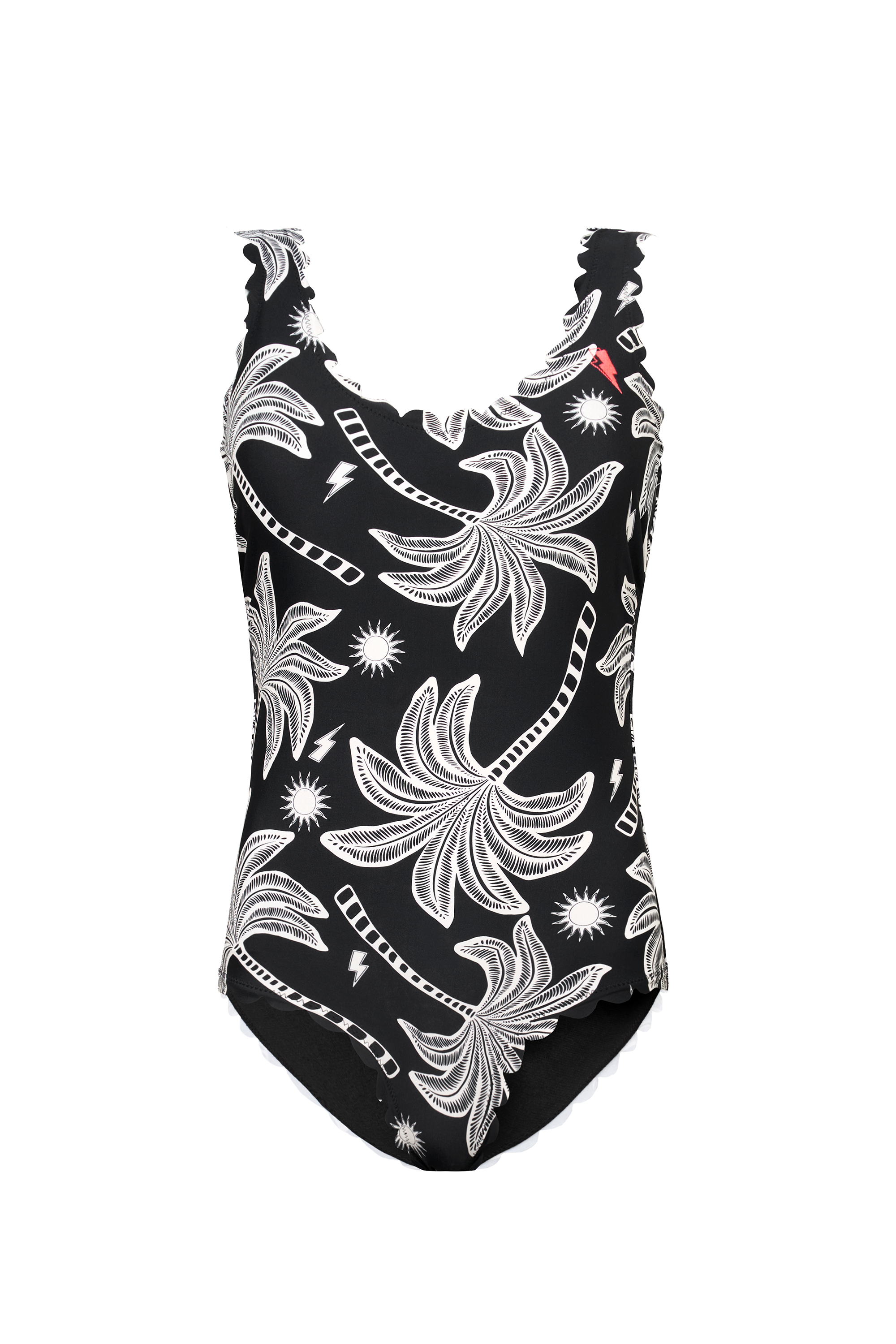 Scamp and Dude Black with Off White Palm Spring Scallop Edge Swimsuit | Product image of Black with Off White Palm Spring Scallop Edge Swimsuit on white background