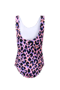 Pink with Blue and Black Shadow Leopard Scallop Edge Swimsuit