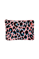Scamp and Dude Coral with Turquoise and Black Shadow Leopard Large Swag Bag | Product image of Coral with Turquoise and Black Shadow Leopard Large Swag Bag on a white background