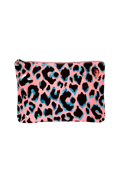 Scamp and Dude Coral with Turquoise and Black Shadow Leopard Large Swag Bag | Product image of Coral with Turquoise and Black Shadow Leopard Large Swag Bag on a white background