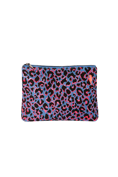 Scamp and Dude Blue with Pink and Black Leopard Medium Swag Bag | Product image of Blue with Pink and Black Leopard Medium Swag Bag on a white background