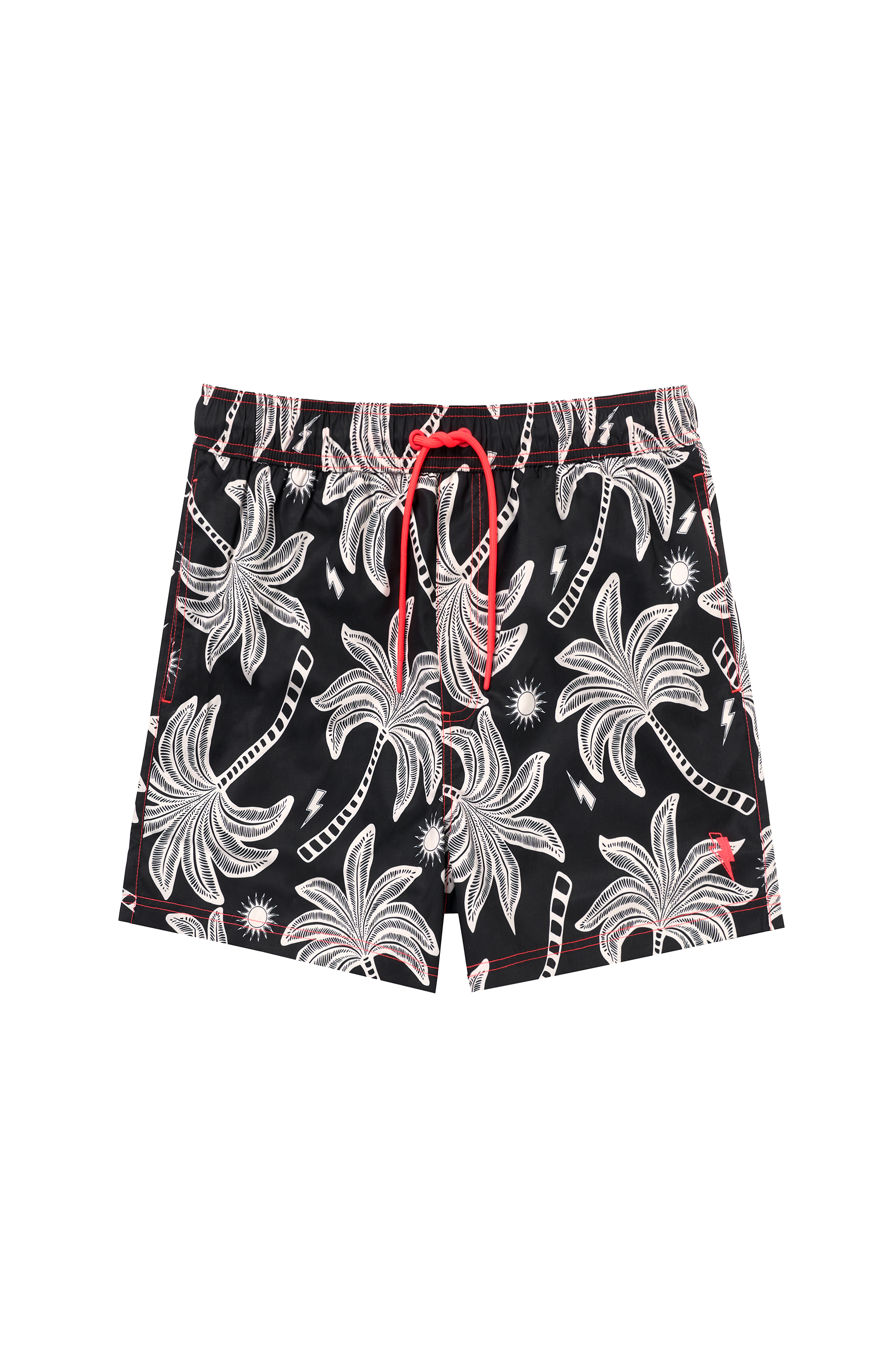 Scamp and Dude Men's Black with Off White Palm Spring Swim Shorts | Product image of Men's Black with Off White Palm Spring Swim Shorts on white background