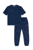 Scamp and Dude Mens Navy with Black Cheetah and Lightning Bolt Print Pyjamas | Product image of Mens Navy with Black Cheetah and Lightning Bolt Print Pyjamas on white background