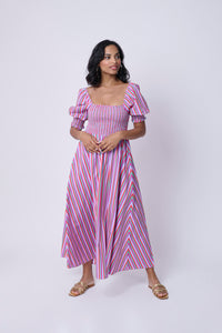 Multi Coloured Stripe 3/4 Sleeve Midi Dress