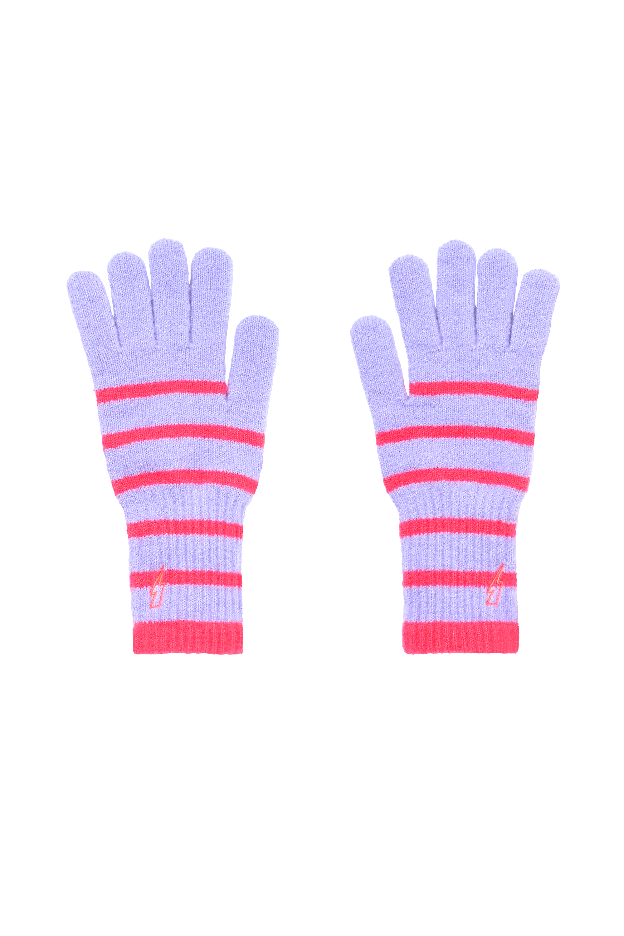 Scamp and Dude Neon Pink and Blue Stripe Ribbed Gloves | Pair of blue gloves with pink stripes on a white background