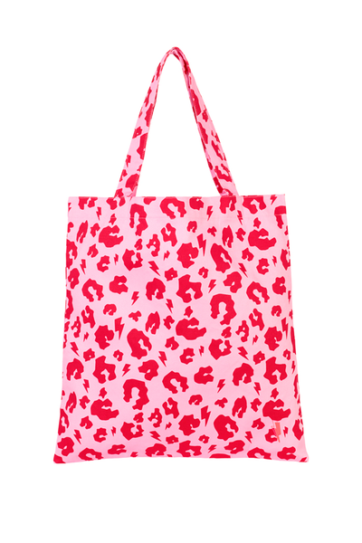 Scamp and Dude Pink and Red Leopard Print Tote Bag | Product image of pink and red tote bag on white background