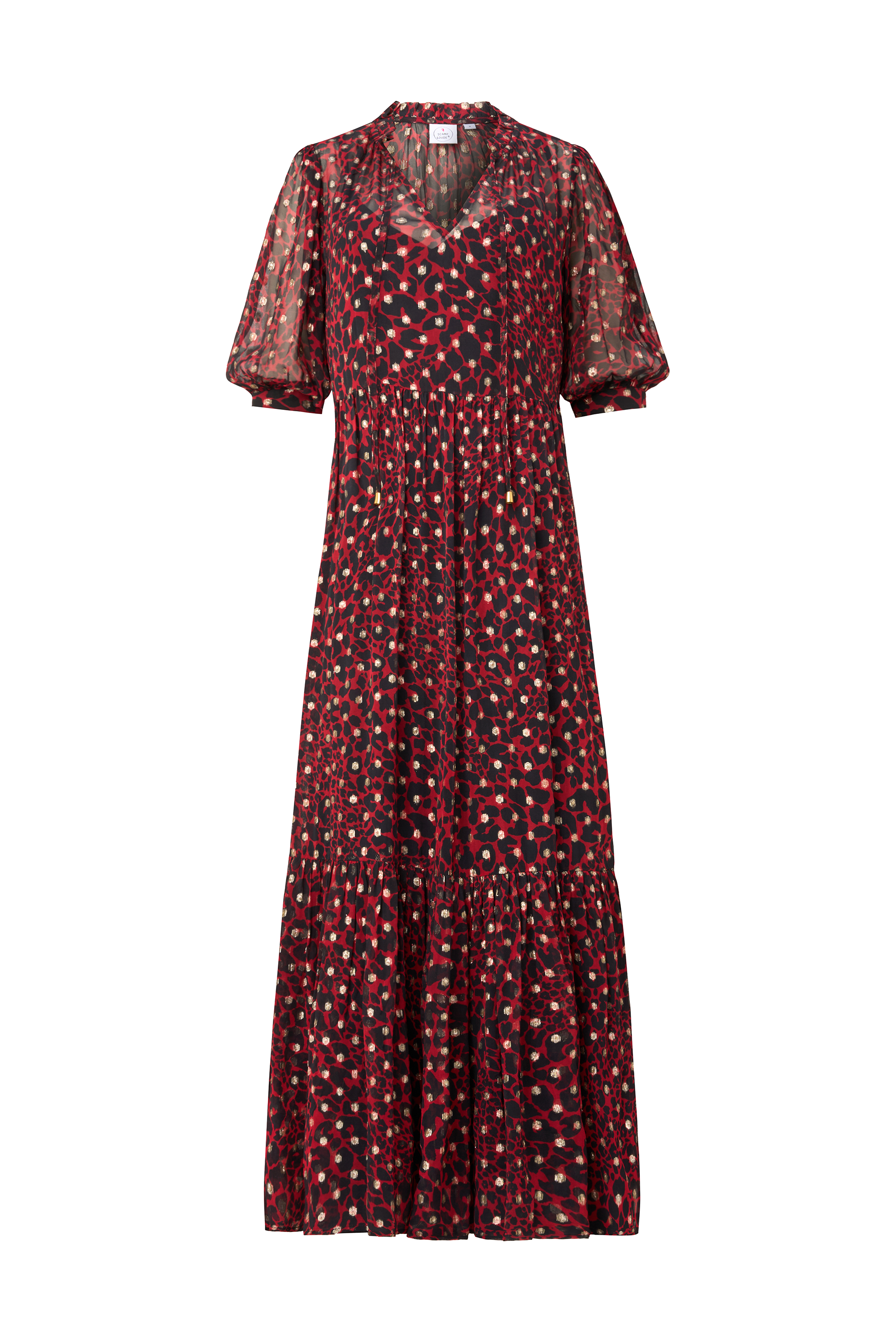 Red with Black and Gold Foil Chiffon Tiered Maxi Dress Scamp & Dude