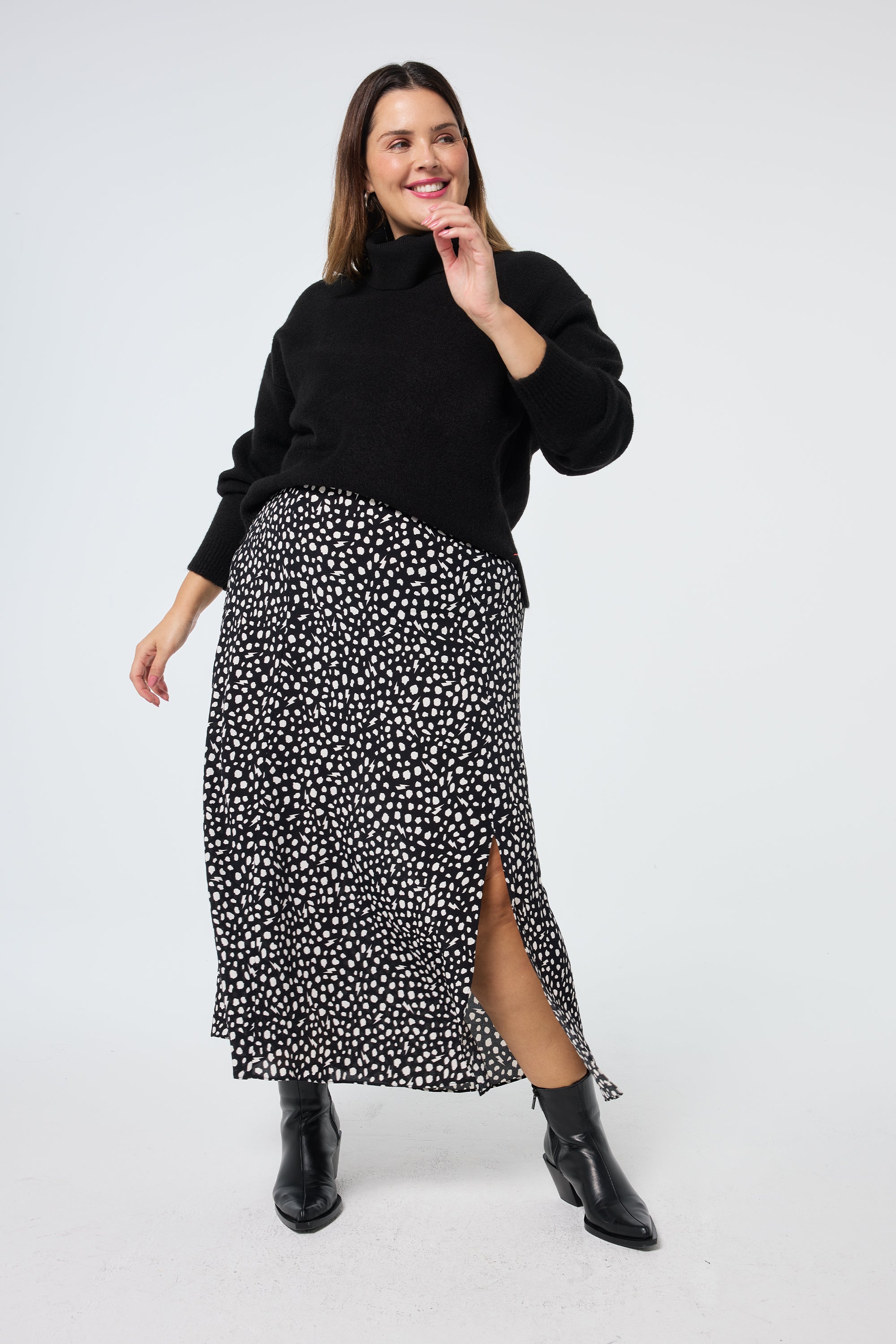 Black with White Cheetah Side Split Skirt