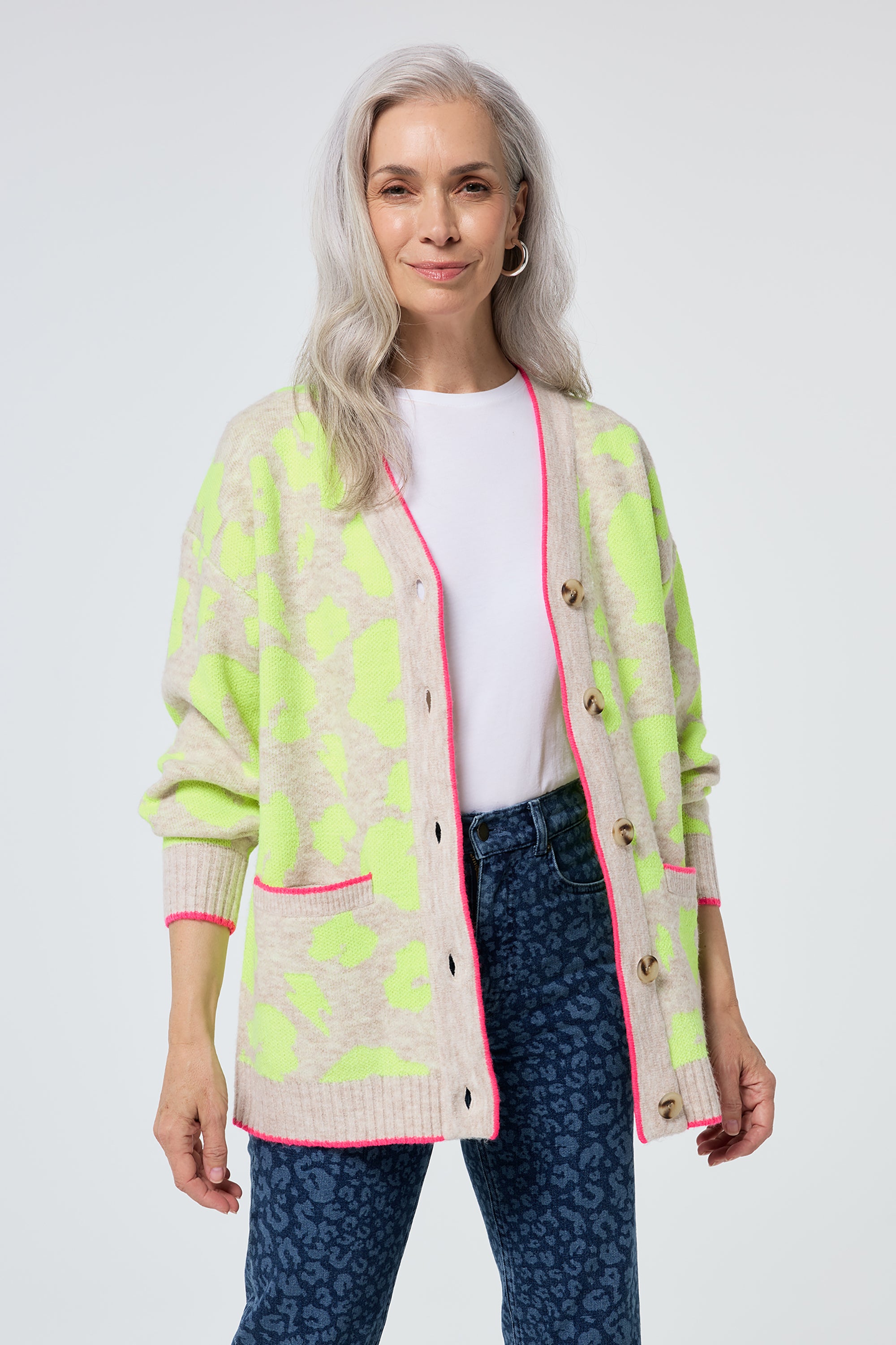 Oatmeal with Neon Yellow Mega Leopard Longline Jacquard Cardigan Scamp Dude