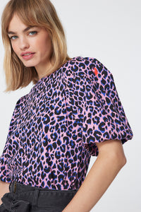 Pink with Blue and Black Shadow Leopard Puff Sleeve T-Shirt