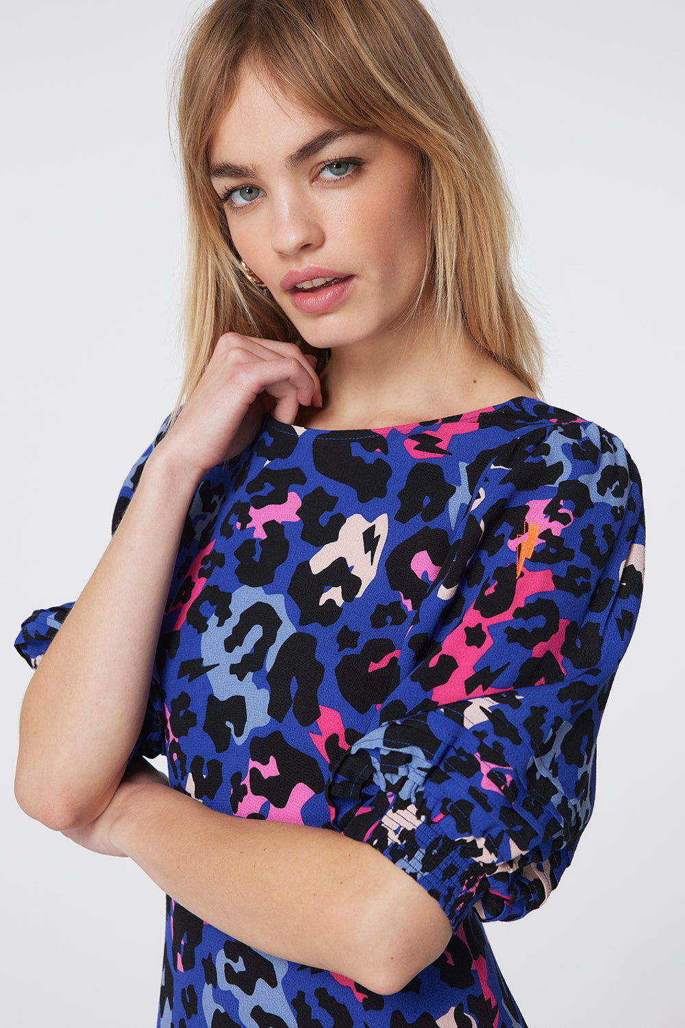 Bright Blue with Pink and Black Mixed Leopard Pintuck Puff Sleeve Midi ...