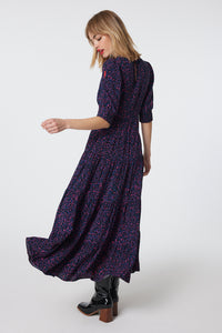 Navy with Black and Pink Small Shadow Leopard Maxi Dress