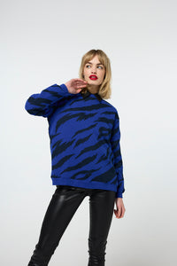 Blue with Black Graphic Tiger Oversized Sweatshirt