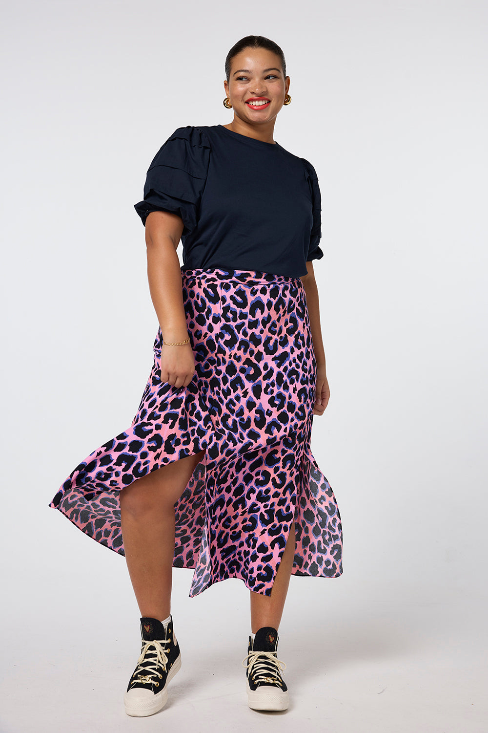 Pink with Blue and Black Shadow Leopard Split Front Skirt Scamp & Dude