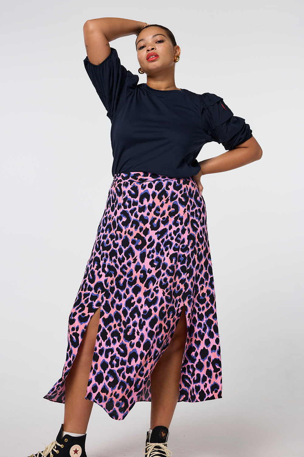 Pink with Blue and Black Shadow Leopard Split Front Skirt Scamp & Dude