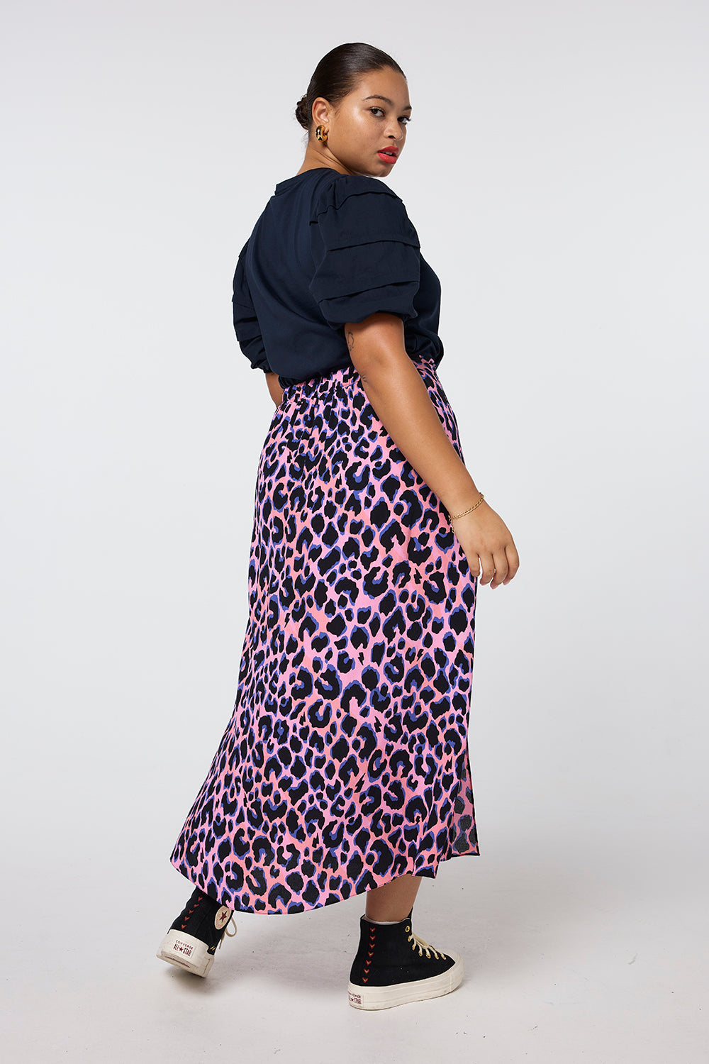 Pink with Blue and Black Shadow Leopard Split Front Skirt Scamp & Dude