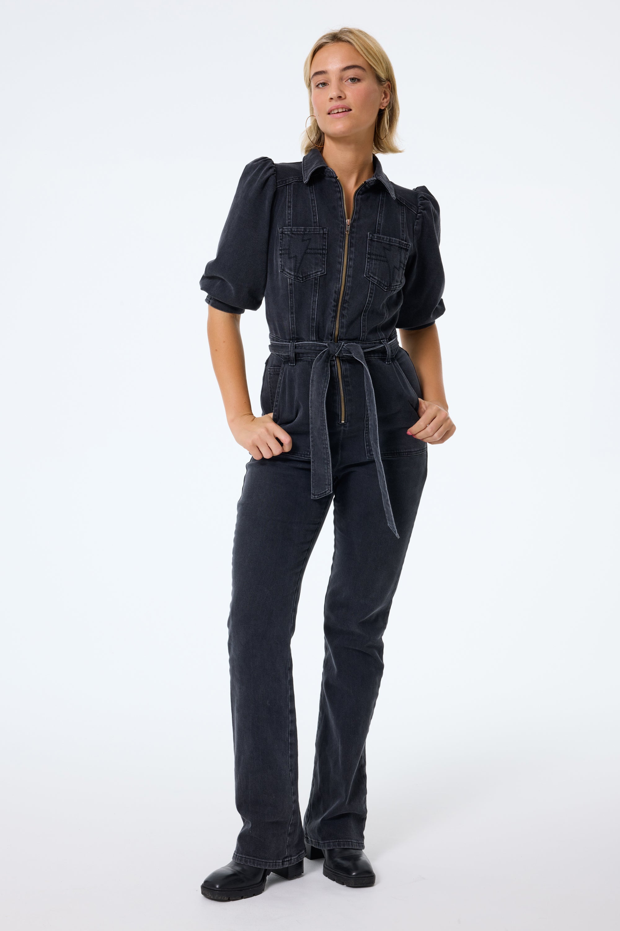 Washed Black Denim Flared Leg Jumpsuit Scamp Dude
