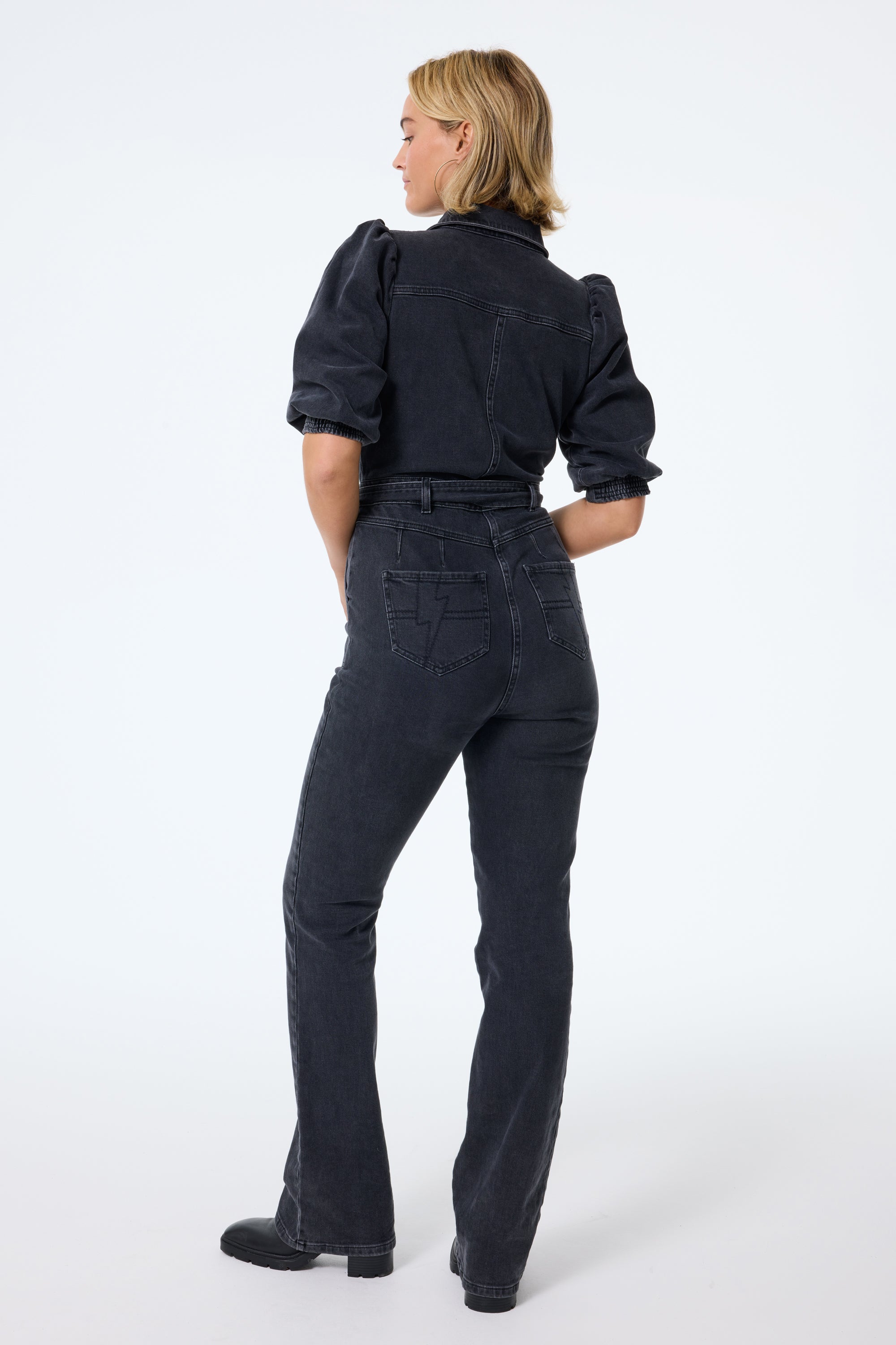 Custom Black Denim offers Flared Bottom Super Stacked jumper Overalls Size 29 Waist