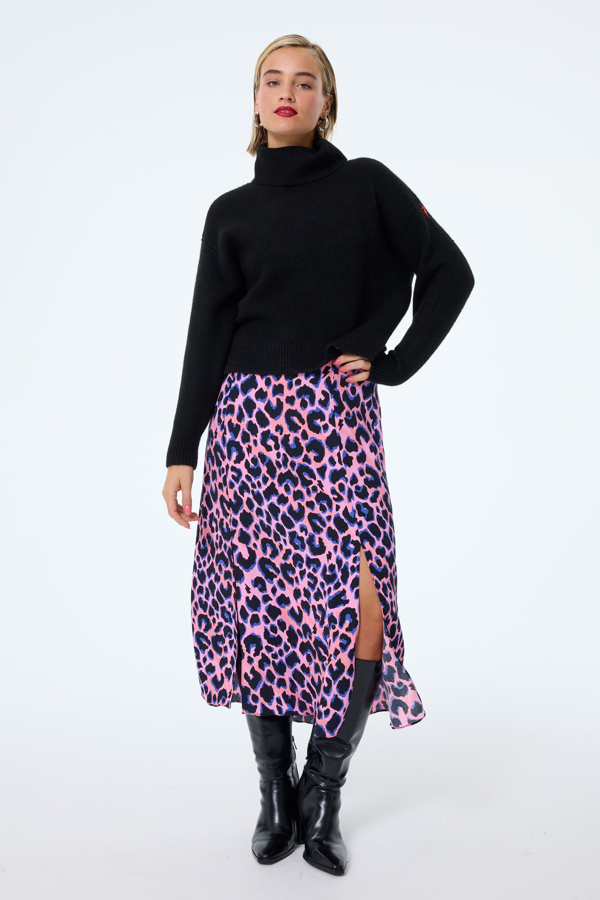 Pink with Blue and Black Shadow Leopard Split Front Skirt