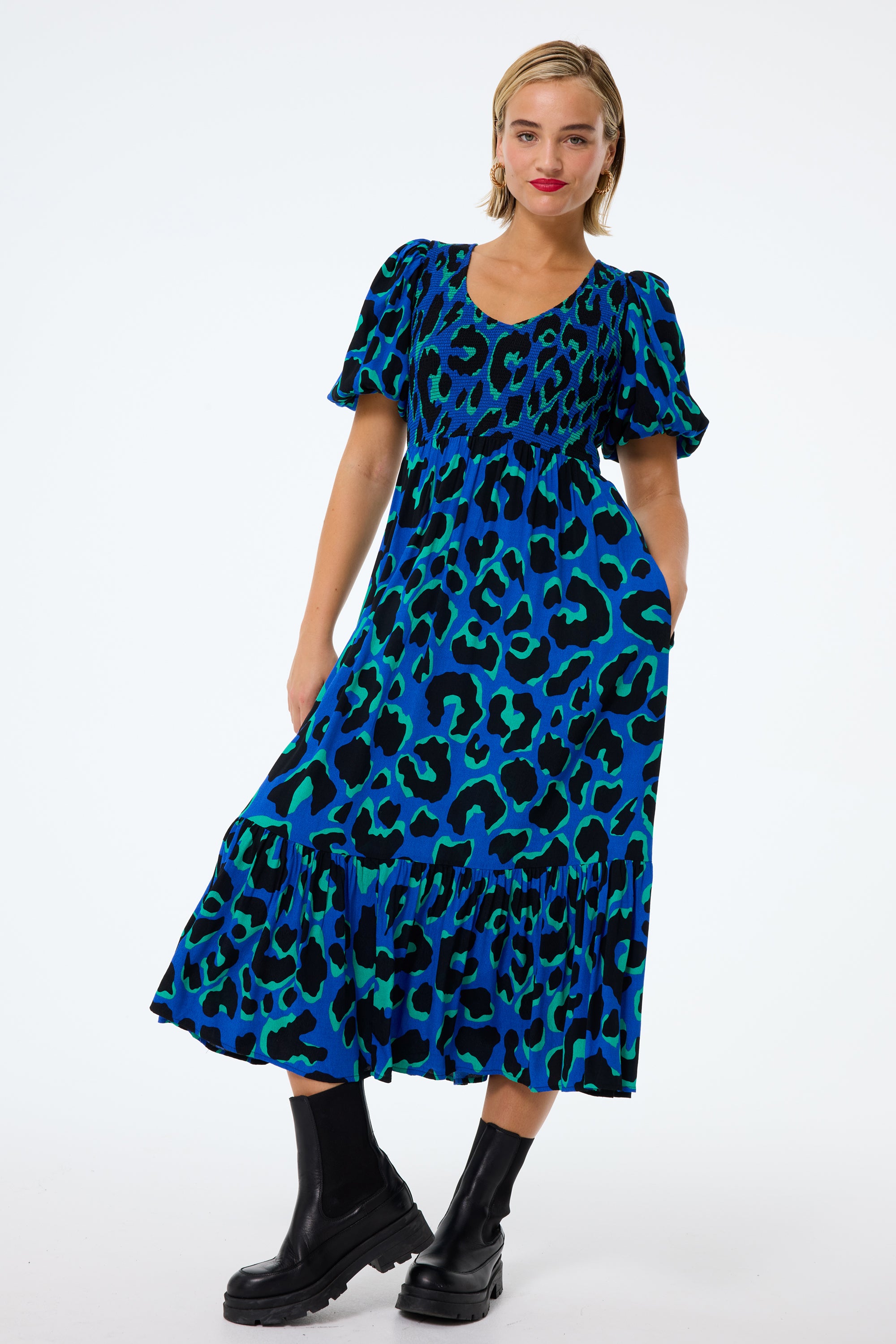 blue leopard midi dress Blue Leopard Printed Satin Midi Dress 14