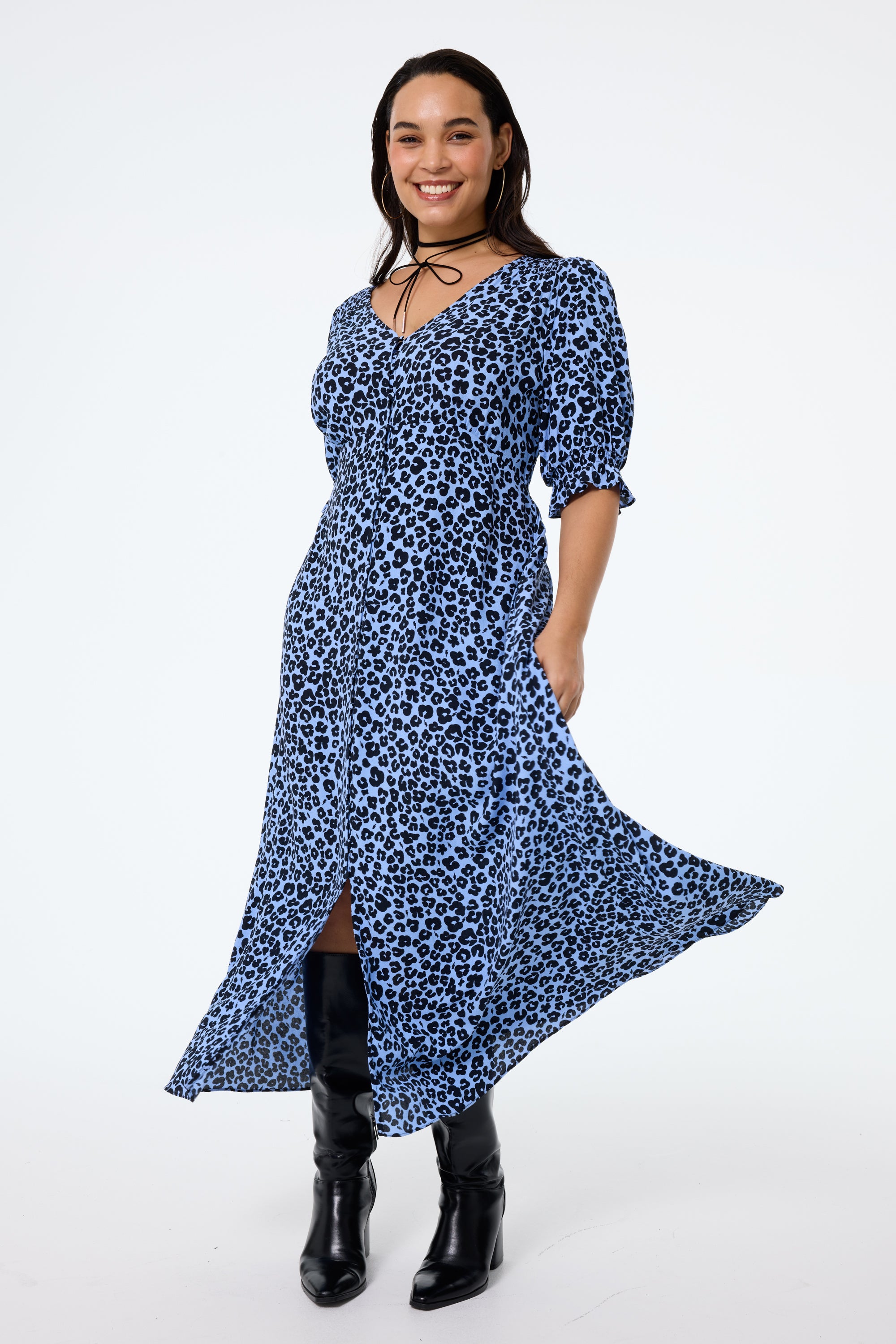 Blue leopard midi dress best sale