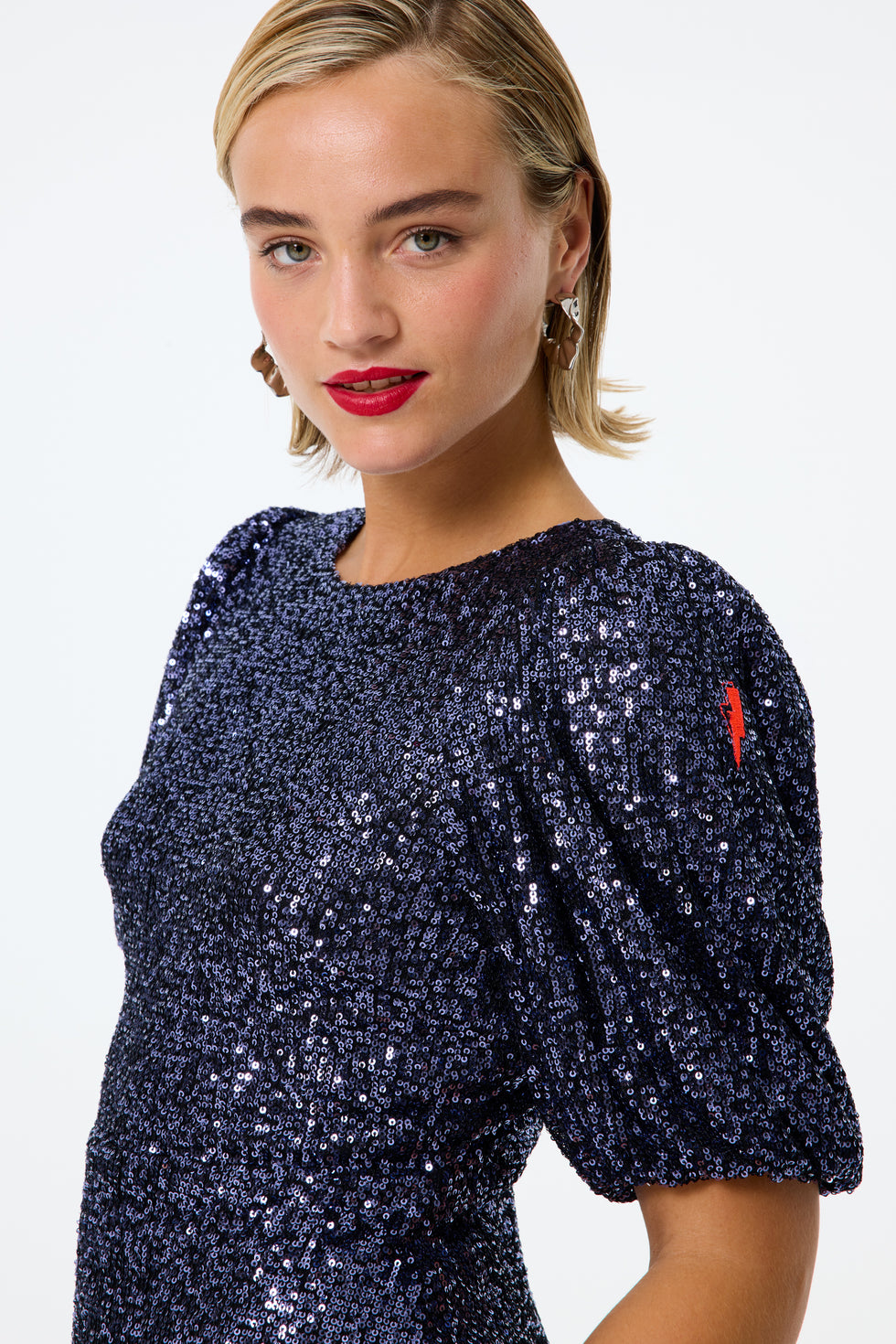 Navy Sequin Puff Sleeve Midi Dress Scamp & Dude