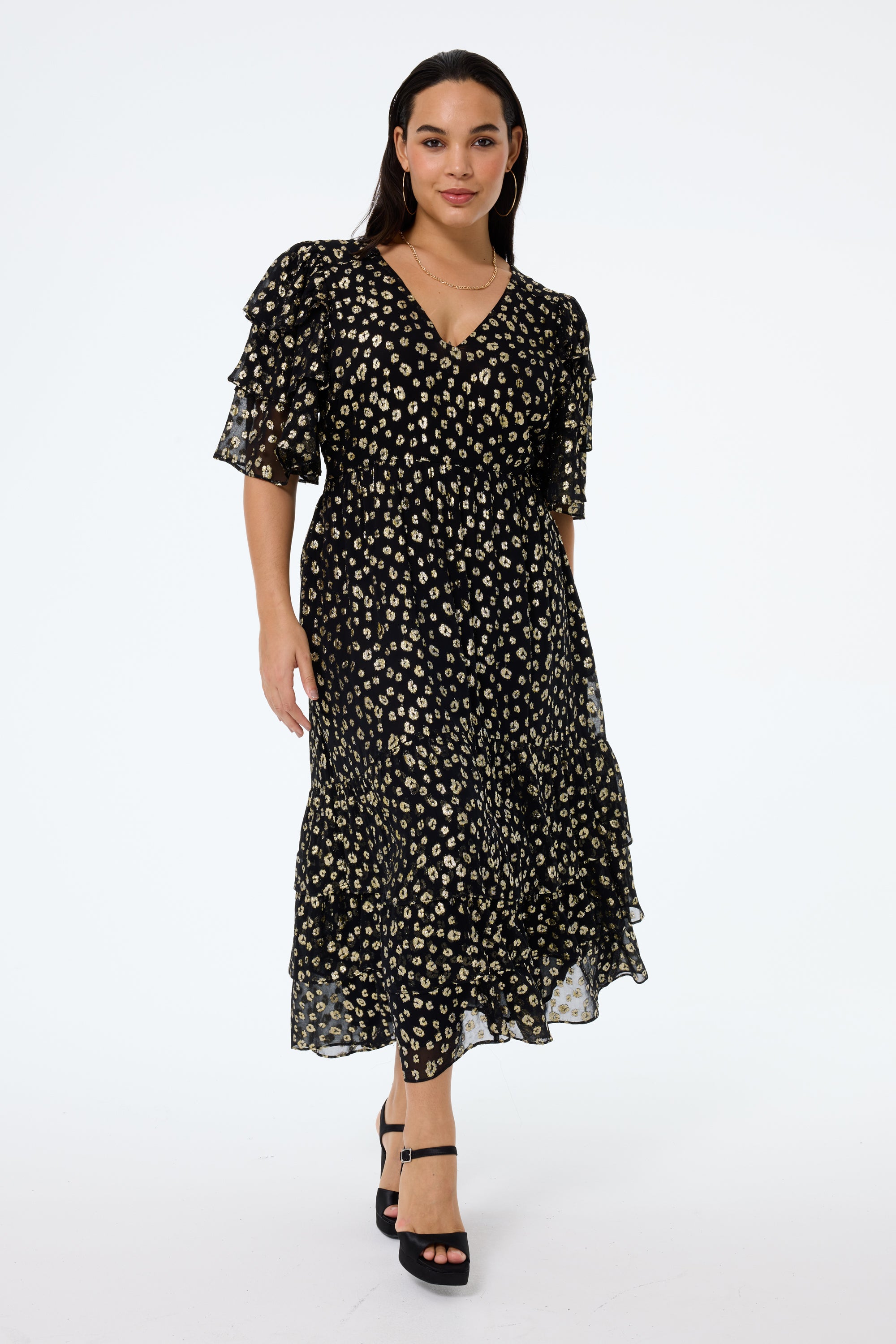 Dot Jacquard Puff-Sleeve Tiered Midi 2024 Dress