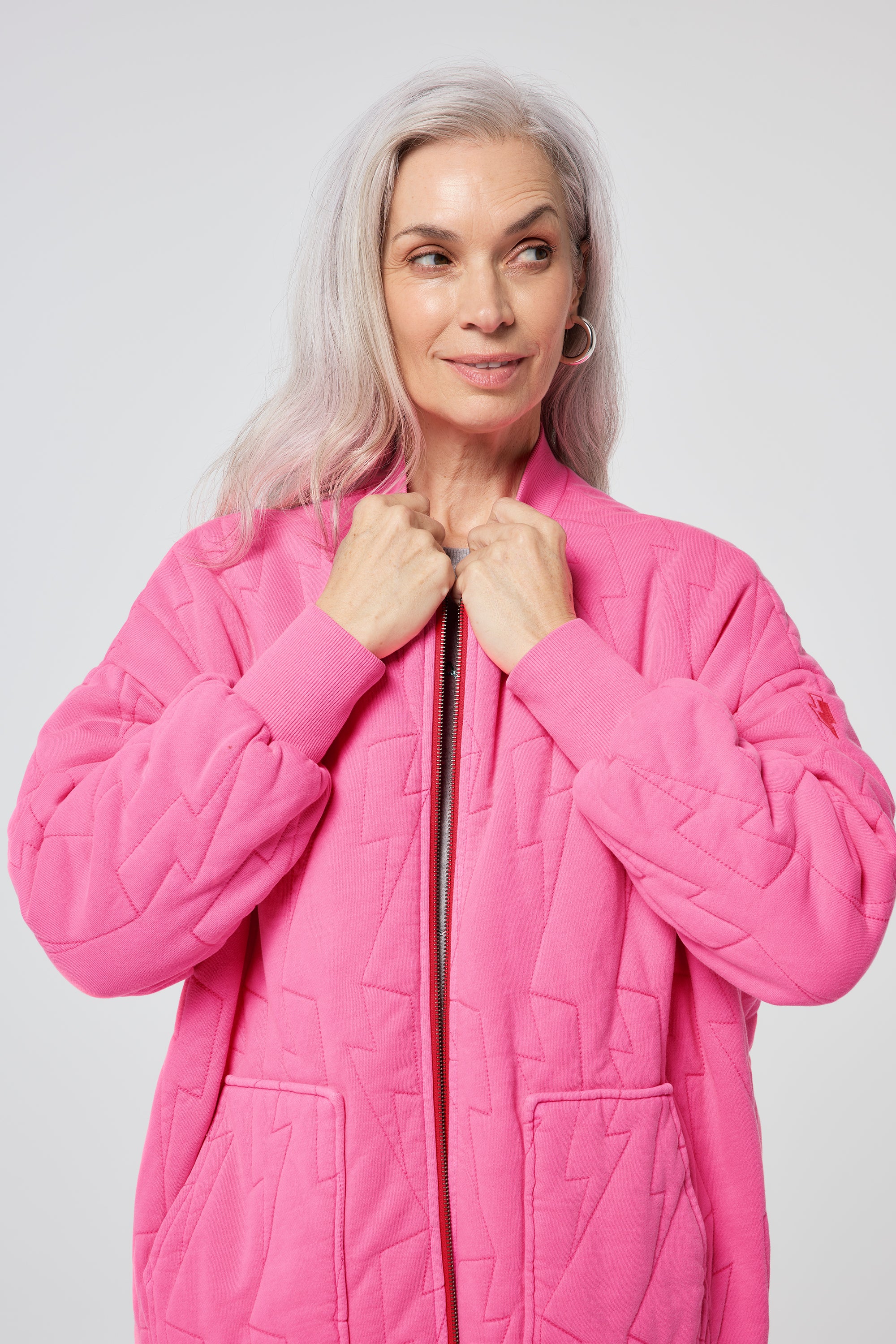 Neon Pink Organic Cotton Quilted Lightning Bolt Oversized Bomber Jacket