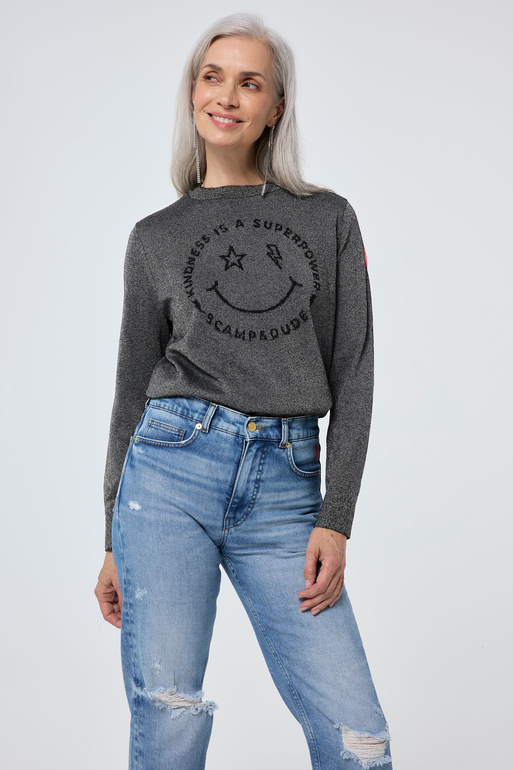 Grey with Black Smiley Face Lurex Knit Jumper Scamp Dude