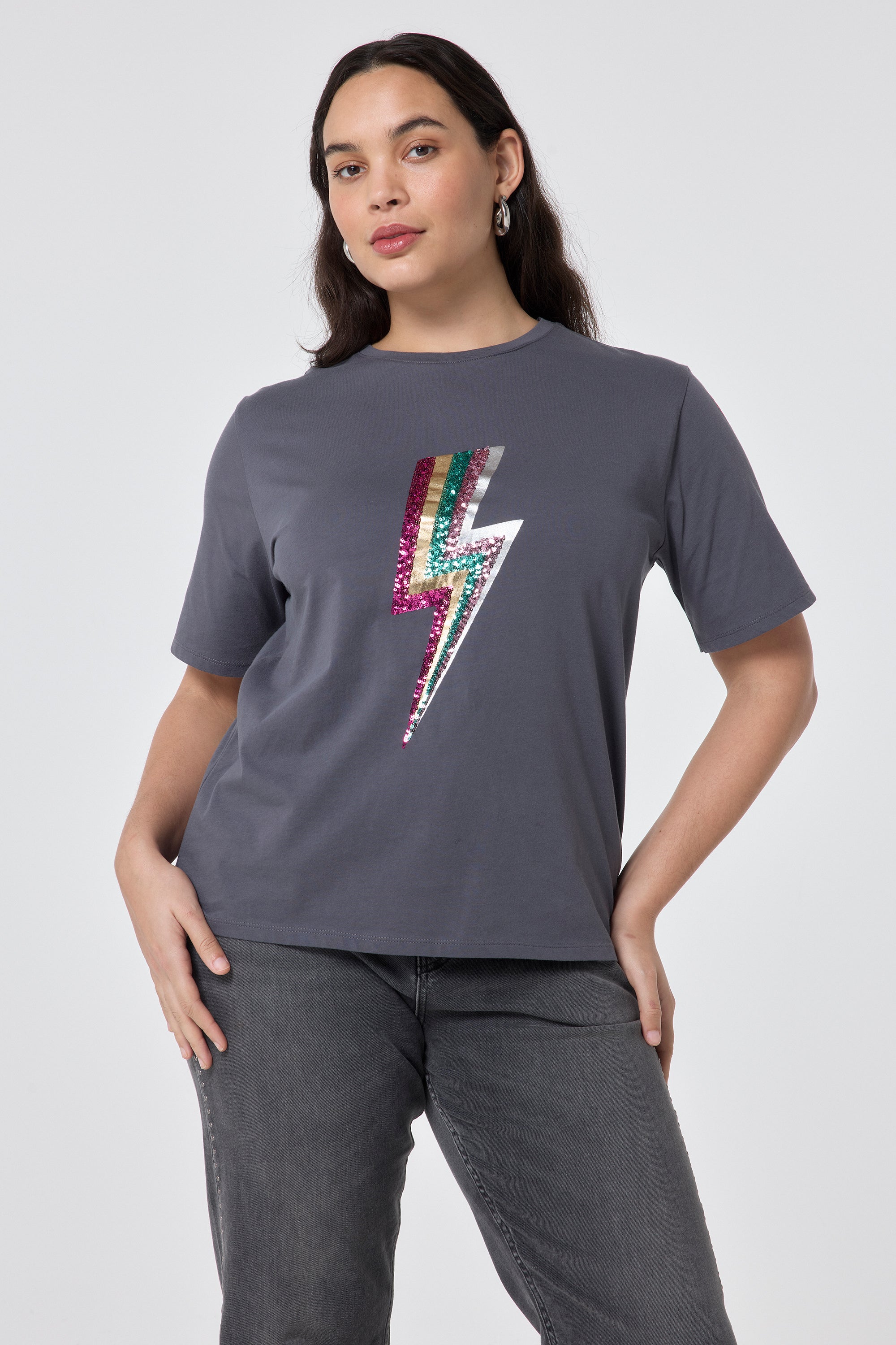 Grey with Multi Coloured Sequin and Foil Lightning Bolt T Shirt Scamp Dude