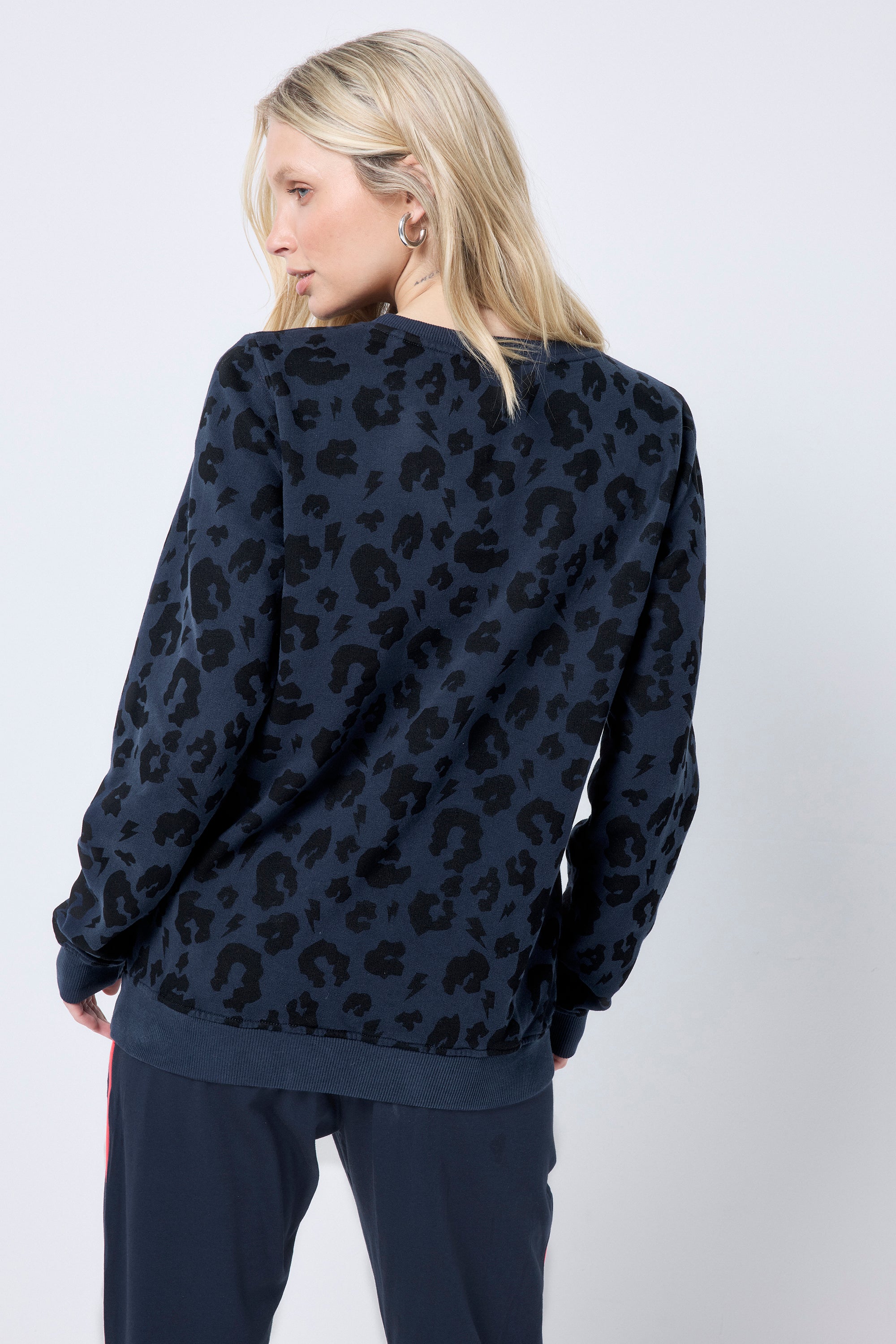 Adults Sweatshirt Navy With Black Leopard Print and