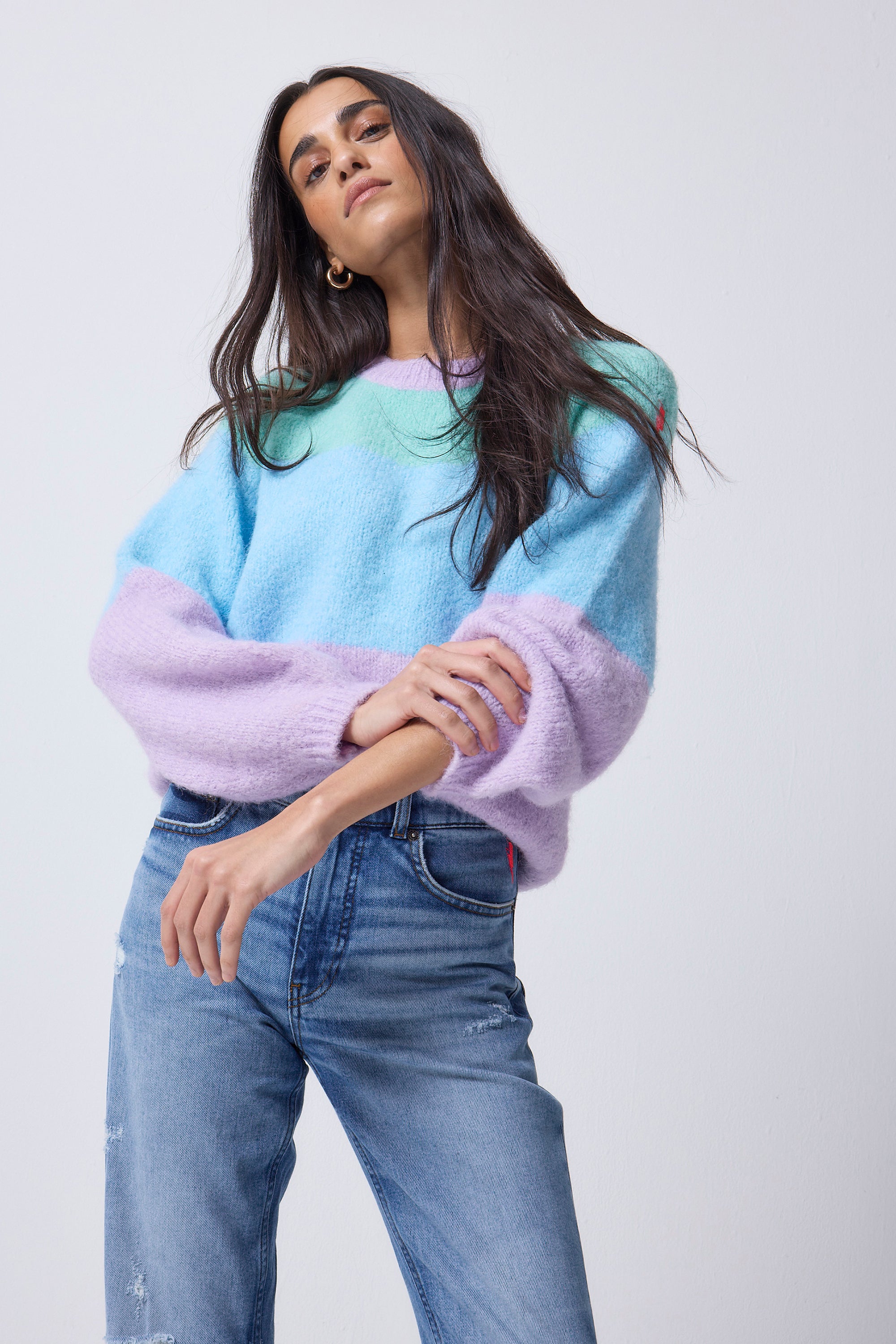 Womens Sweaters Light Blue Sweater With Clouds Cute Pastel Blue