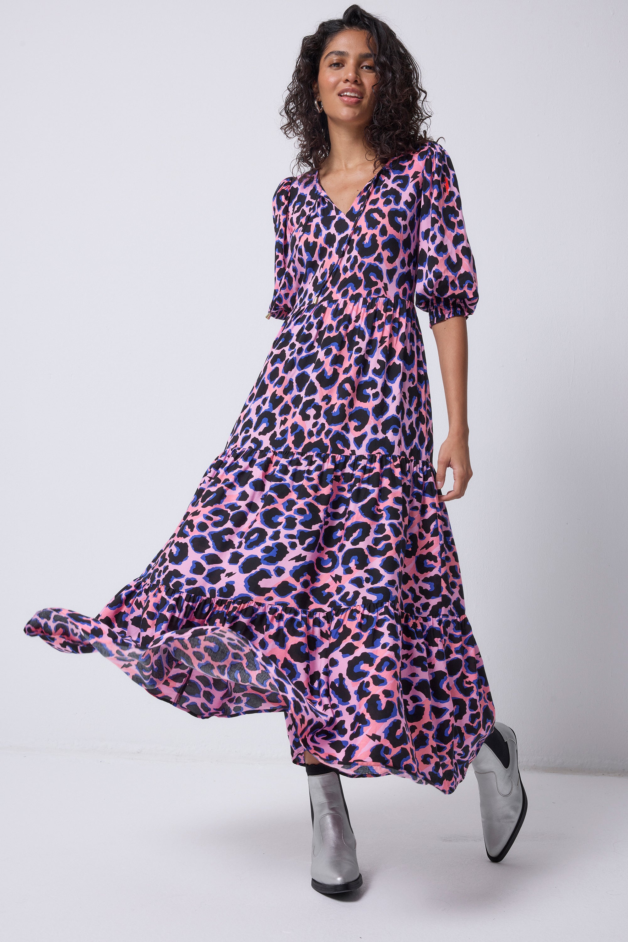 Pink with Blue and Black Shadow Leopard Tie Front Maxi Dress Scamp & Dude