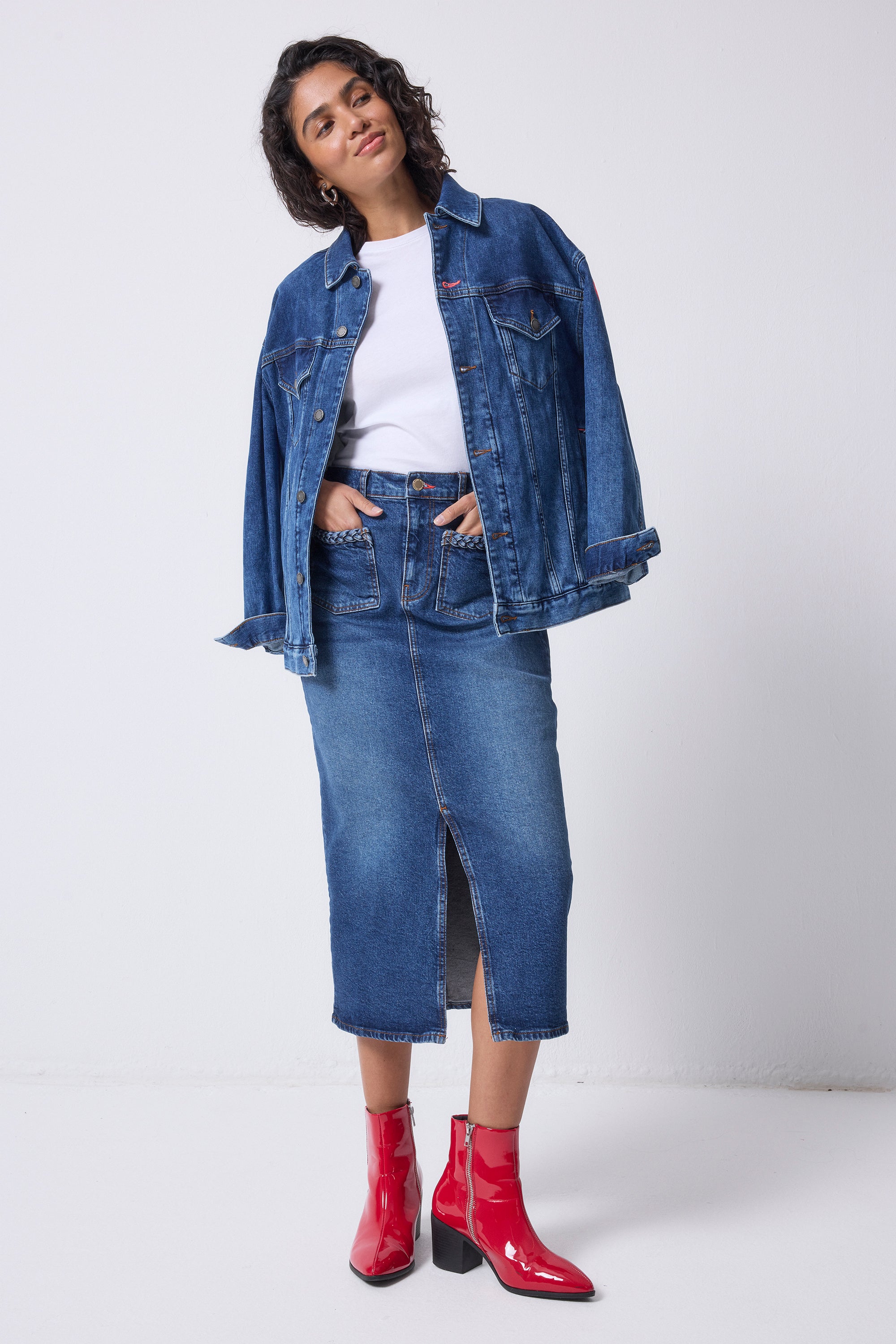 ◆MOONDAL◆ Denim Pleat Skirt in Indigo Indigo Maxi Pleat Detail Denim Skirt | Fashion World