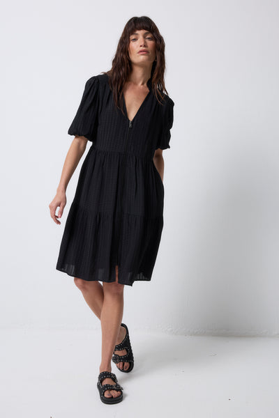Black Textured Zip Detail Tiered Short Dress Scamp & Dude