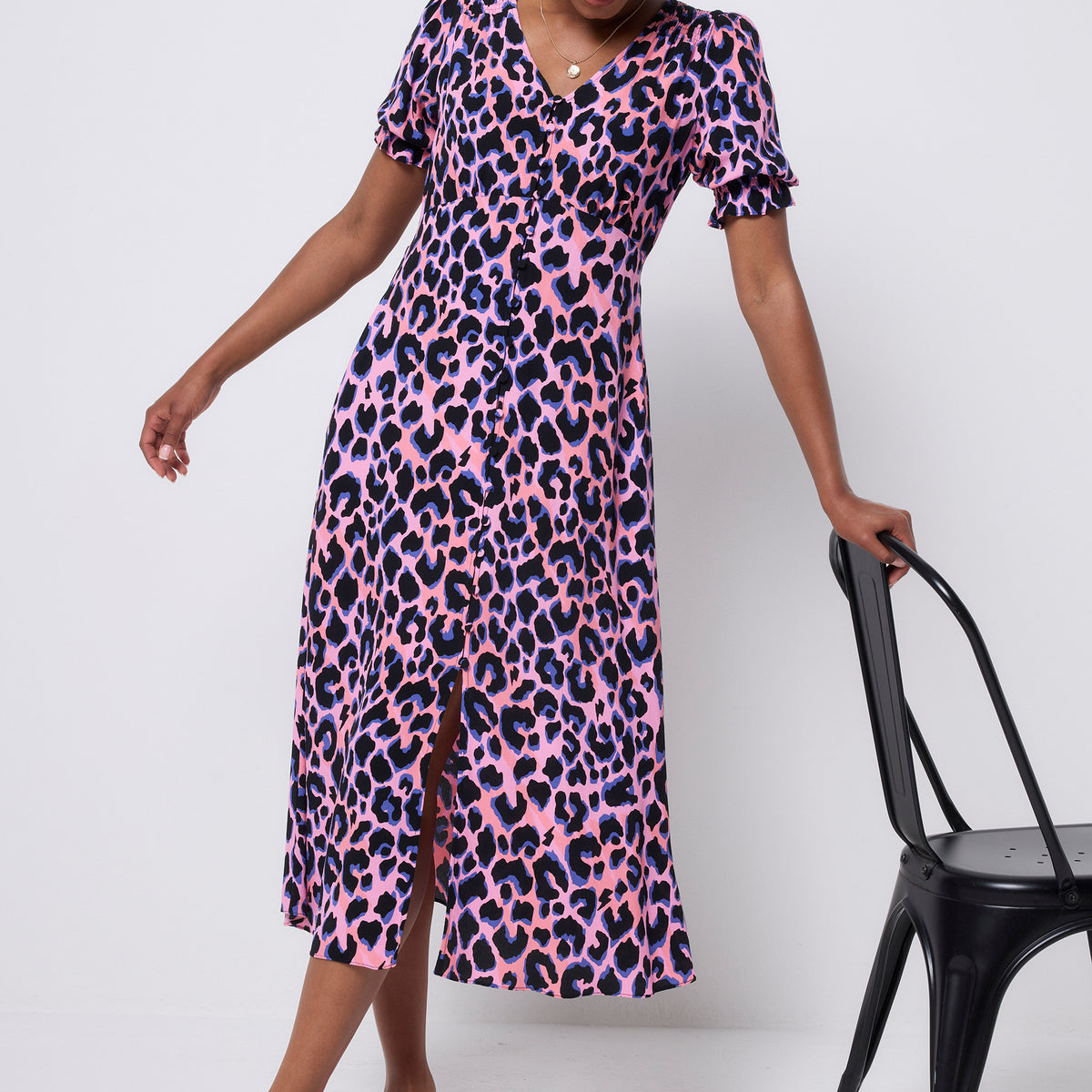 Pink with Blue and Black Shadow Leopard Flute Sleeve Midi Tea Dress