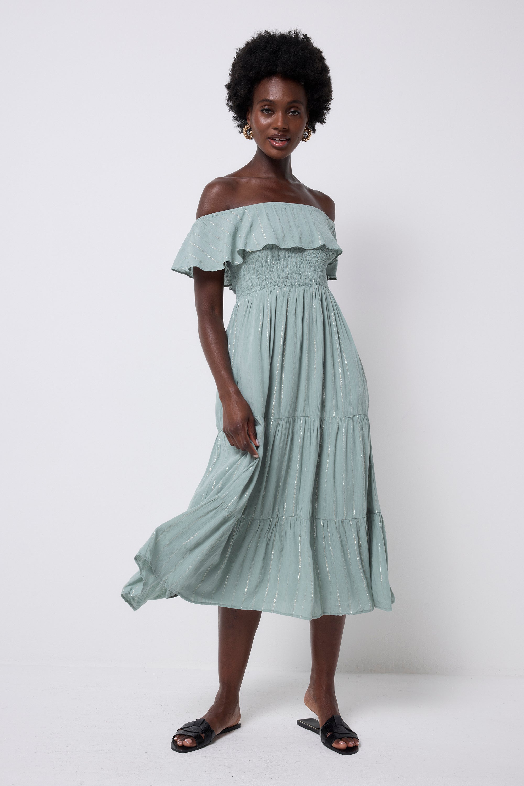 Khaki with Silver and Gold Lurex Bardot Midi Dress Scamp \u0026 Dude