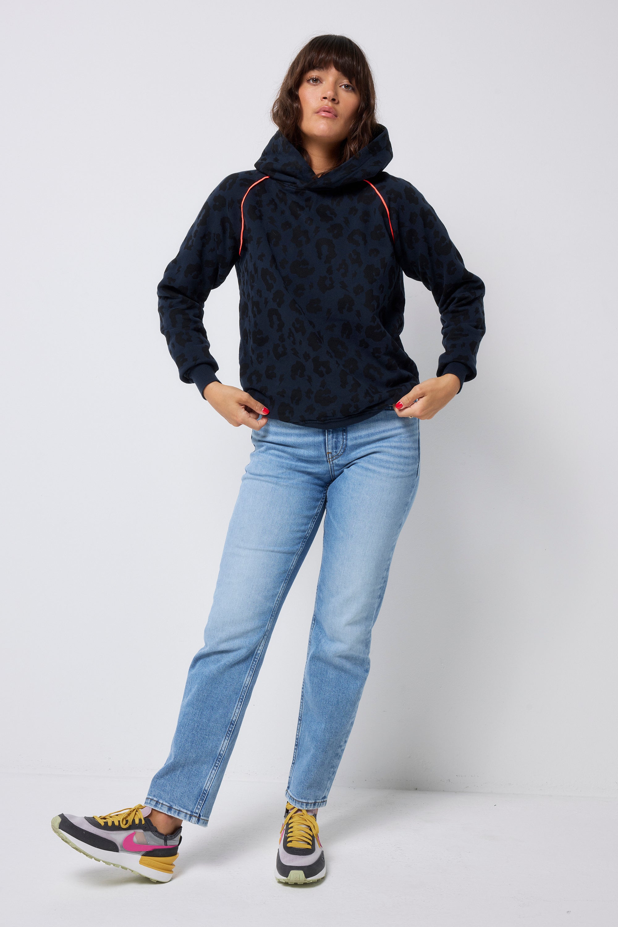 Adults Hoodie Navy With Black Leopard Print and Lightning