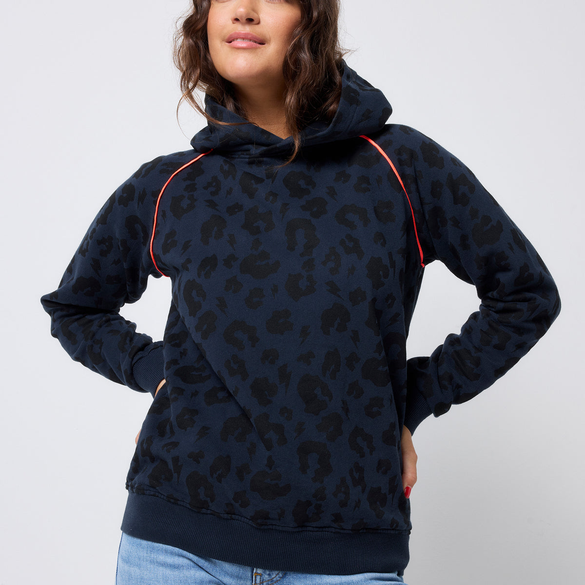 Adults Hoodie Navy With Black Leopard Print and Lightning Bolt