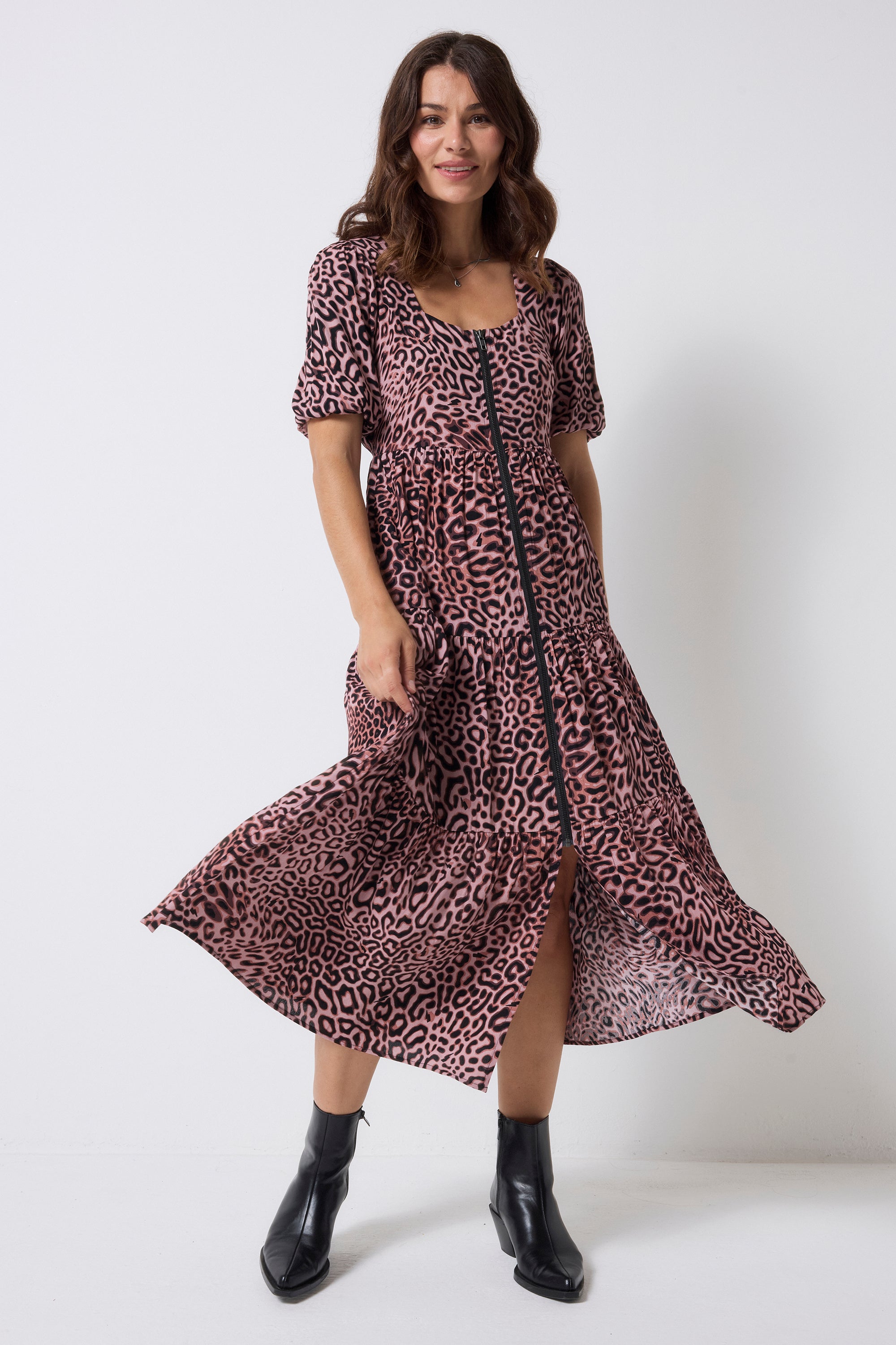 Scamp and Dude Neutral Leopard Ray Square Neck Zip Detail Tiered Midi Dress | Model wearing a square neck zip front midi dress in a neutral leopard ray print.