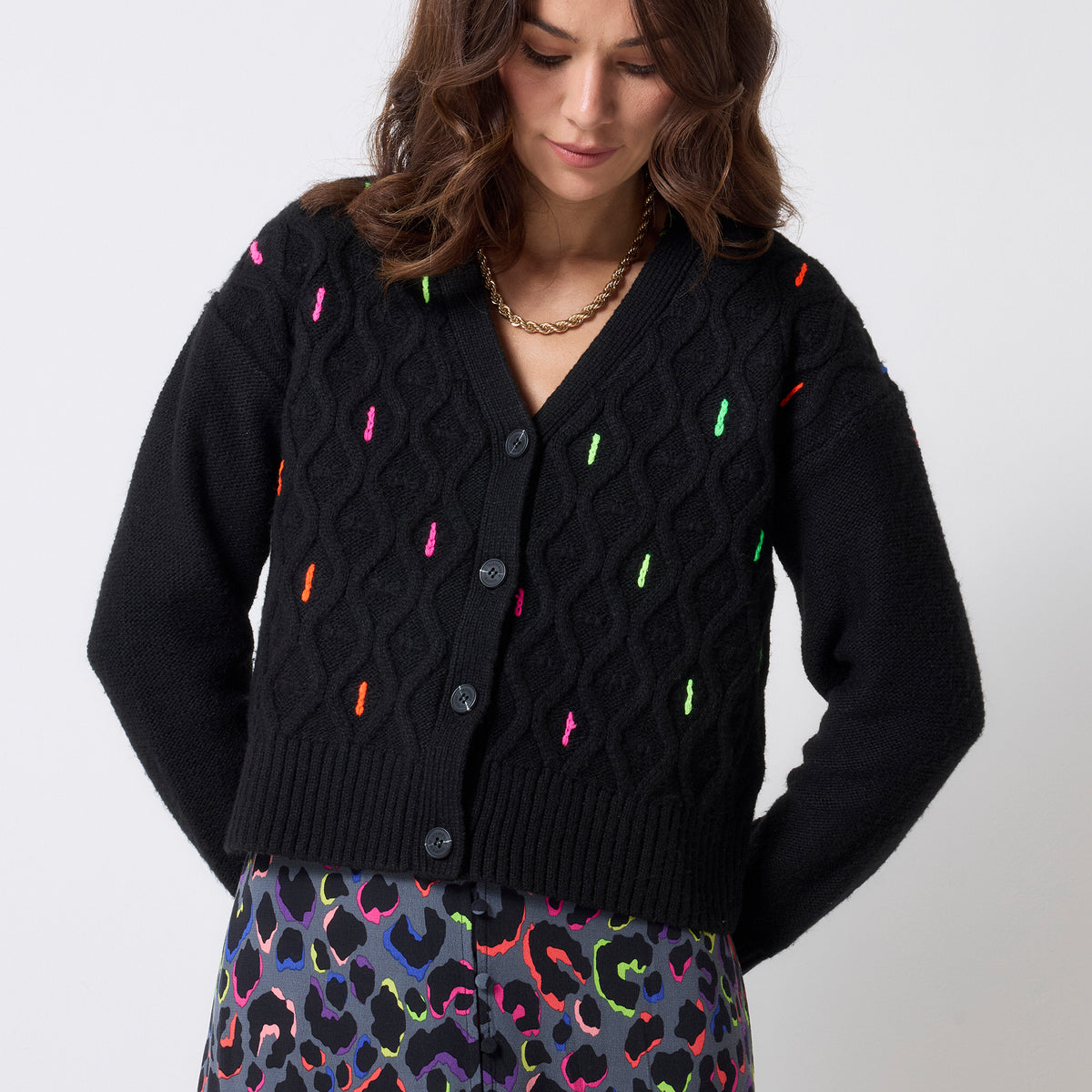 Black with Neon Rainbow Flecks Cable Knit Cardigan Scamp & Dude