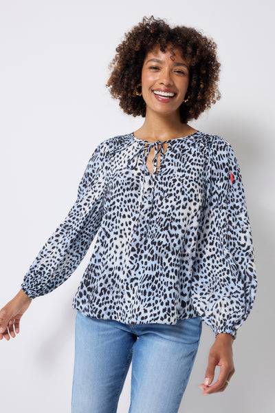 Blue Cheetah Shirred Yoke Balloon Sleeve Blouse Scamp & Dude
