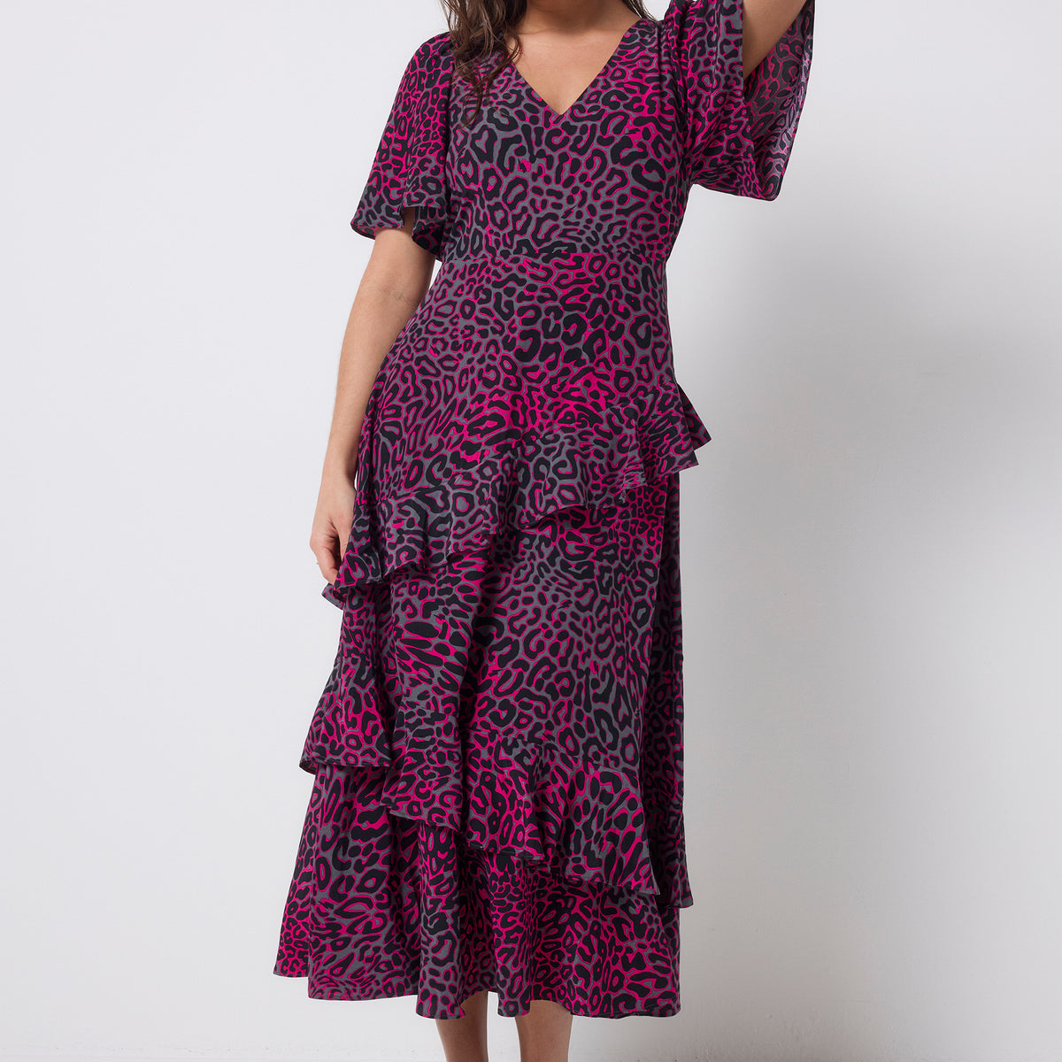 Grey with Pink Leopard Ray Ruffle Detail Midi Dress Scamp & Dude