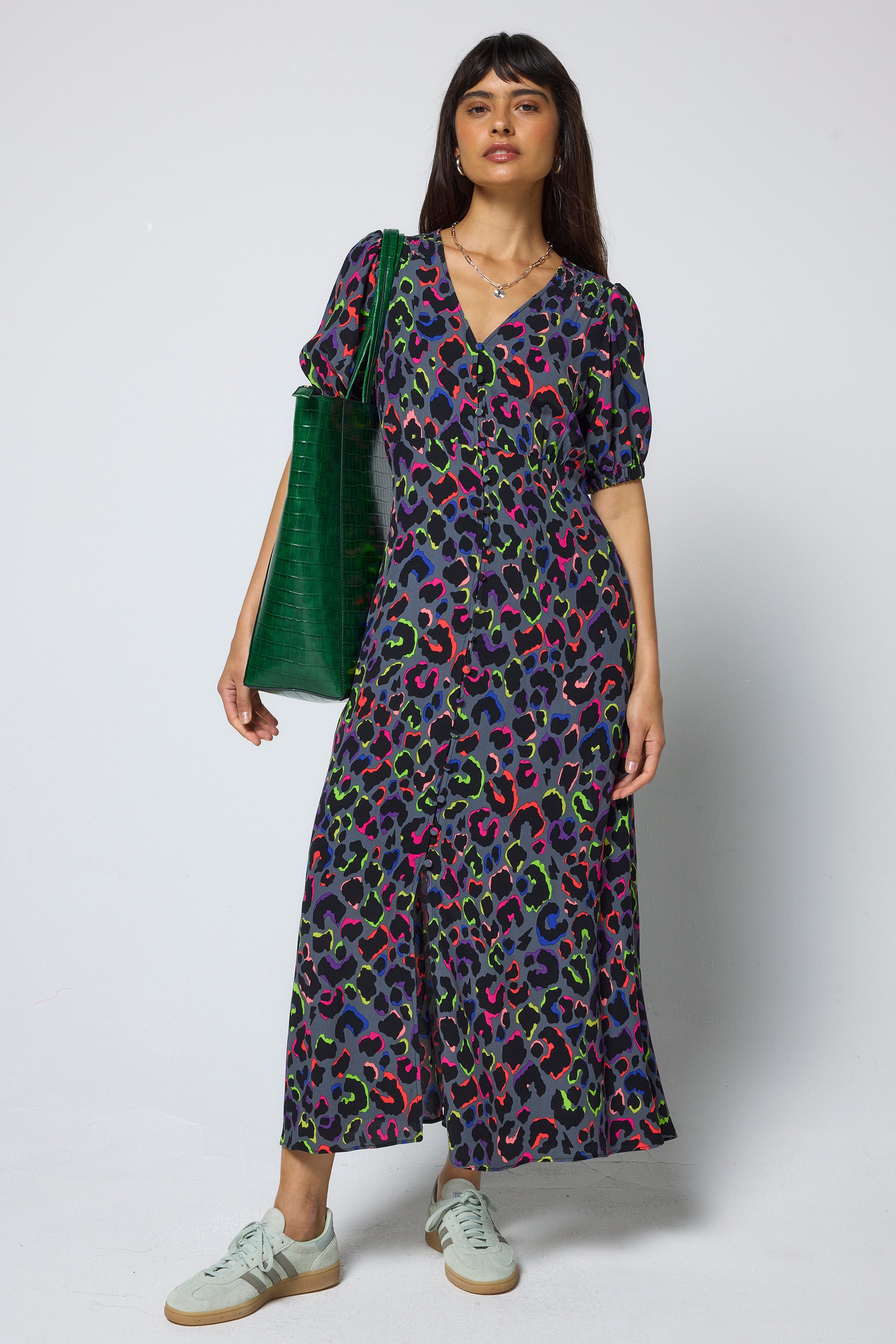 Scamp & Dude Grey with Rainbow Shadow Leopard Blouson Sleeve Midi Tea Dress | Model wearing a rainbow leopard print midi tea dress.