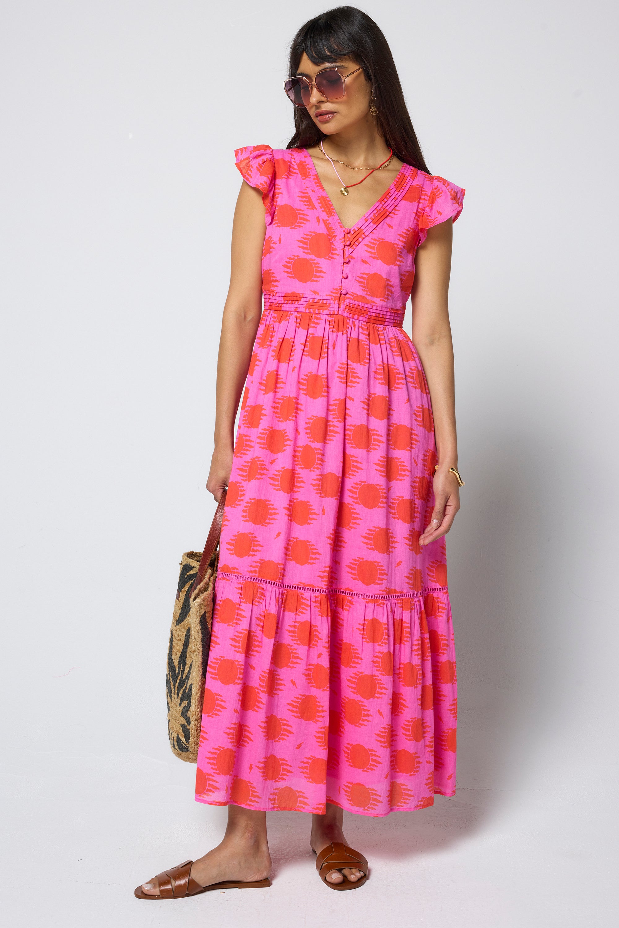 strapless open back dress Pink and Coral Soleil Sun Pintuck Midi Dress Scamp & Dude