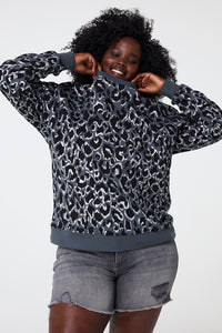 Grey with Black and Silver Foil Leopard Oversized Sweatshirt