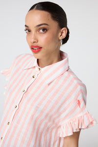 Coral and White Stripe Frill Sleeve Shirt