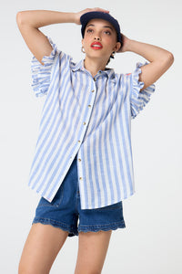 Blue and White Stripe Frill Sleeve Shirt