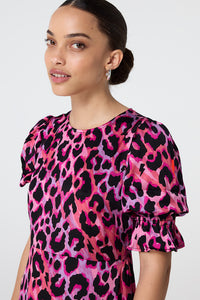 Pink and Lilac with Black Shadow Leopard Flute Sleeve Midi Dress